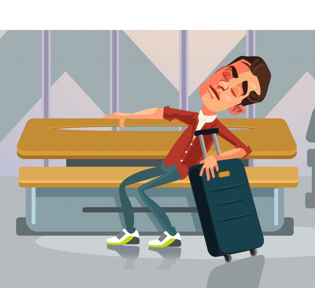 Karakter turis yang mengantuk sedang tidur santai dan menunggu transportasi.